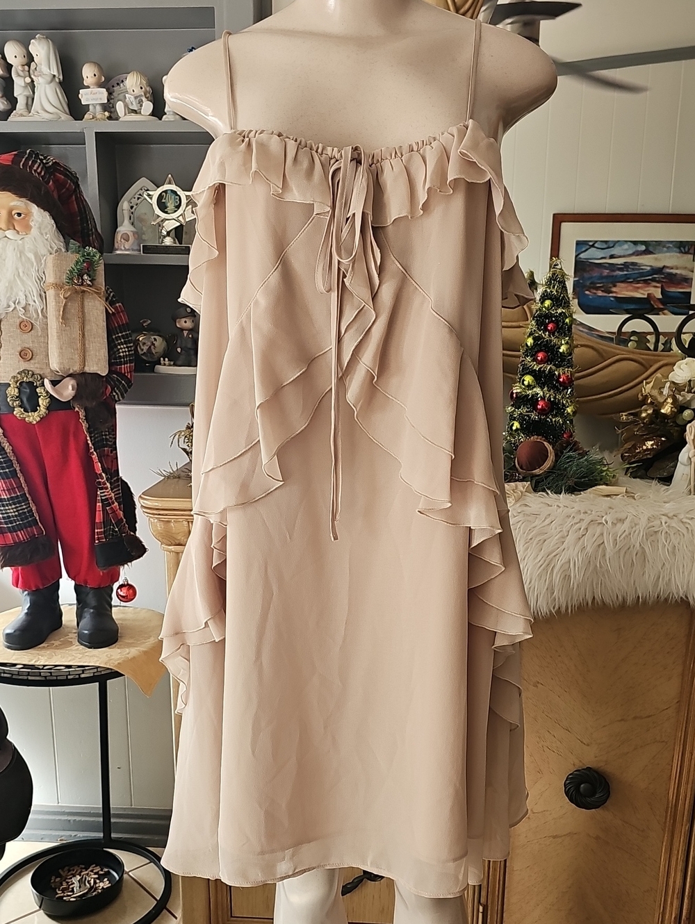 Open Edit Women’s Ruffle-Trim Spaghetti Strap Dress - Cream Size Large